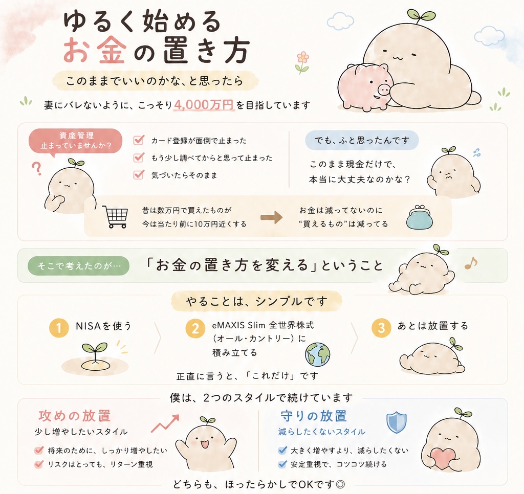 投資初心者向けのブログトップページ。NISAや投資信託を使い、8年間で資産4000万円を目指す運用方法をやさしく解説。ほったらかし投資の始め方や実際の運用結果、プロフィールやブログの作り方までまとめたサイト。